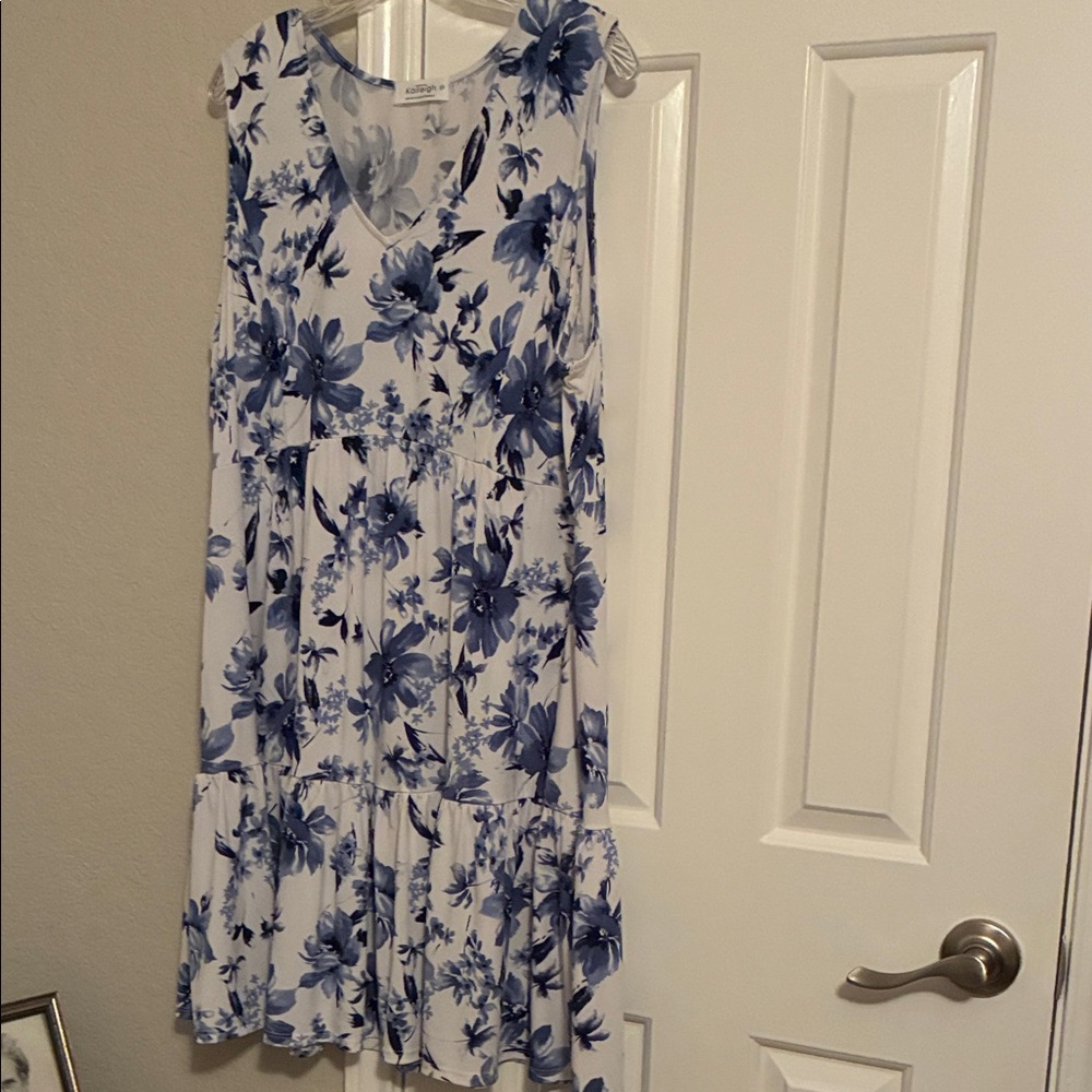 Kaileigh White Midi Dress with Blue Floral Print